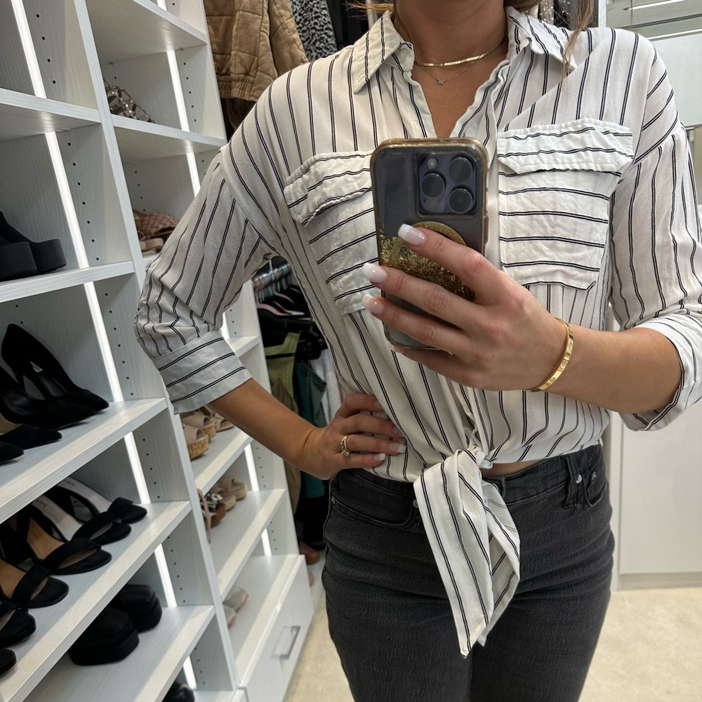 White with black stripes button done with tie.